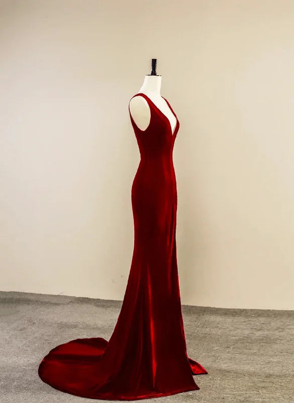 Wine Red Velvet V-neckline Long Party Dresses, A-line Velvet Evening Dresses with Slit Tunics Spring floral