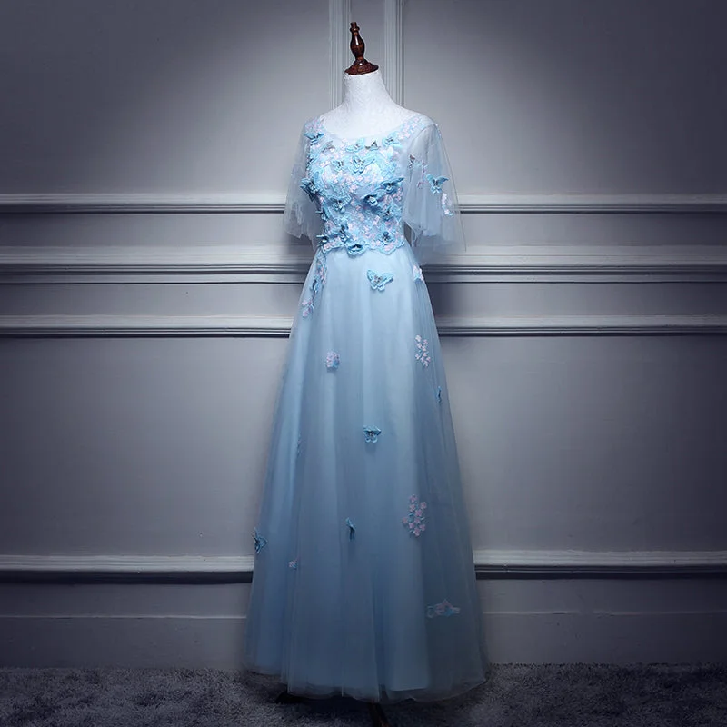 Light Blue Flowers Long Party Dresses, A-line Tulle Party Dresses Evening Dresses Crew Neckline Sporty