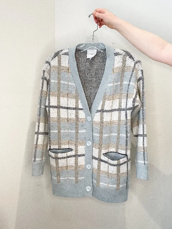CYRUS Pastel Blue Taupe Plaid Long Button Front Cardigan - XS/S Stylish Fashionable Trendy