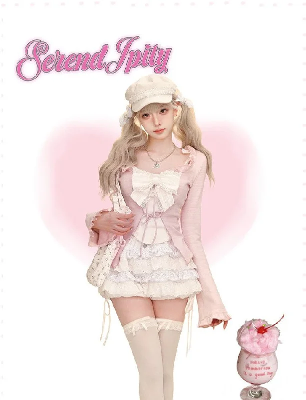 Pink Slim Cardigan/White Camisole/White Cake Pants Skirt SER0087 Handmade Hand-knitted Hand-woven