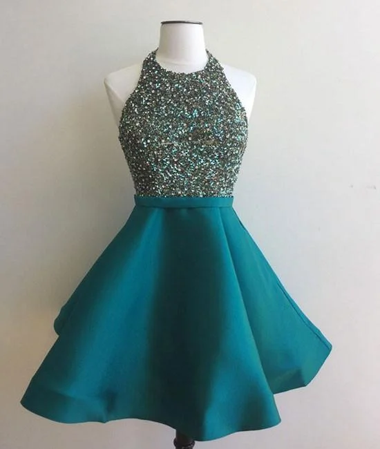 Halter Open Back Beaded Aqua Short Prom/Party Dress,Mini Tiffany Homecoming Dress Beaded Top Tunics Practical easy-care