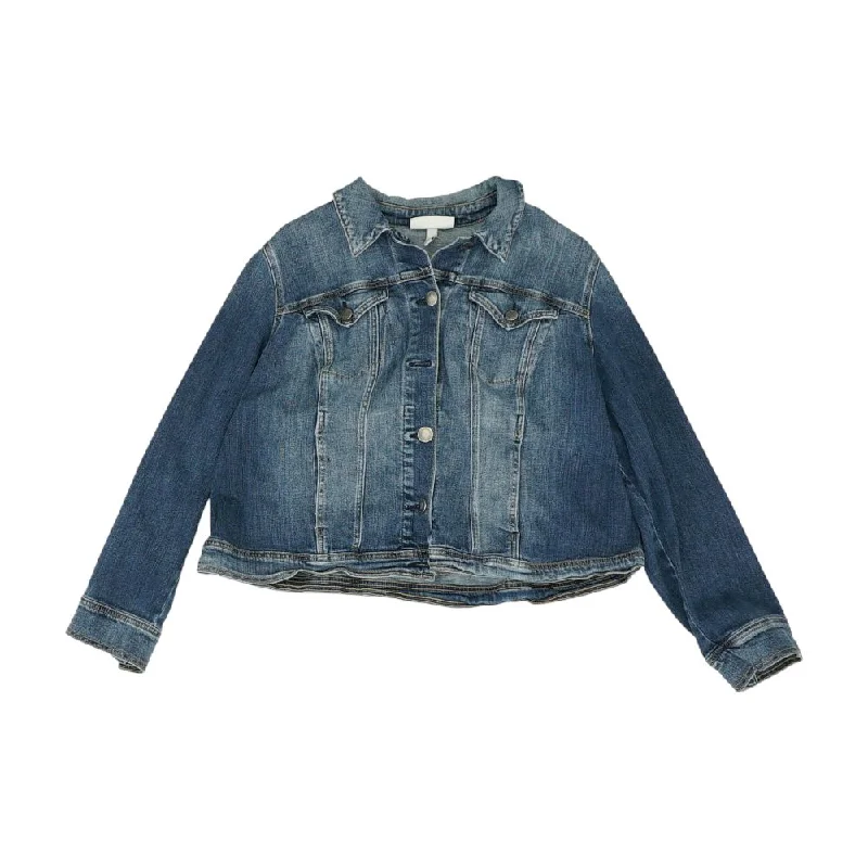 Blue Solid Denim Jacket Ribbed Jacket Pleated Jacket Ruffled Jacket