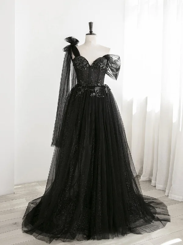 Sexy Black One Shoulder Tulle Sweetheart Sequins Party Dresses, Black Evening Gown Tunics Chic elegant