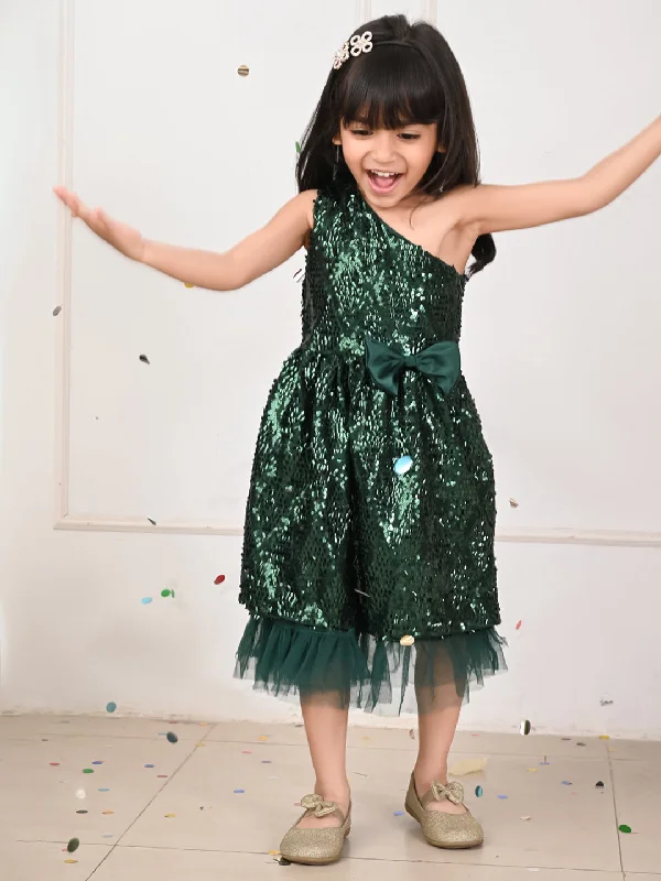 Sequin One Shoulder Fit n Flare Bow Party Dress A-Line Day Work