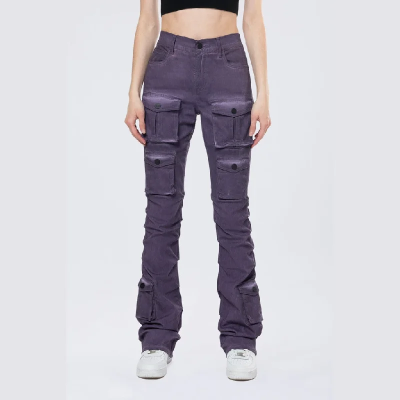 High Rise Stacked Pigment Dyed Twill Pants - Purple Elegant Wool Trousers