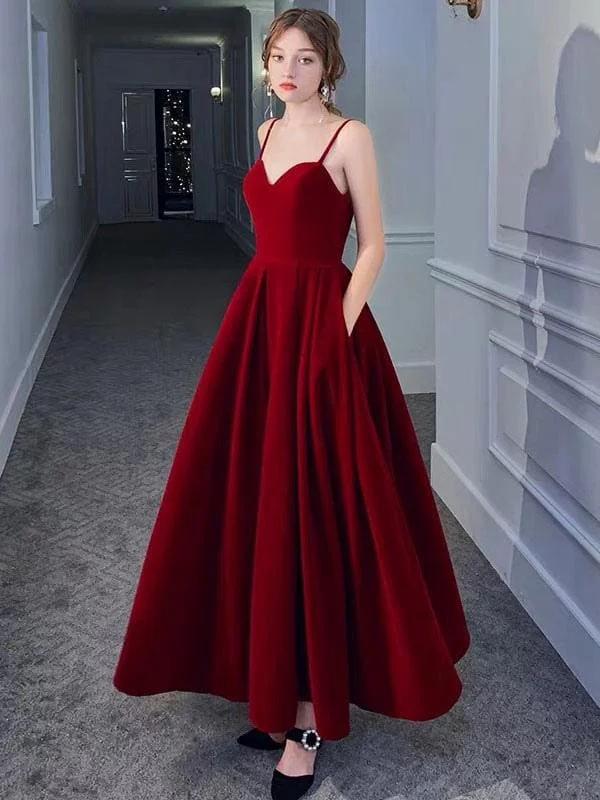 Evening Dress A Line Sweetheart Neck Velour Floor Length Pockets Formal Party Dresses A-Line Day Work