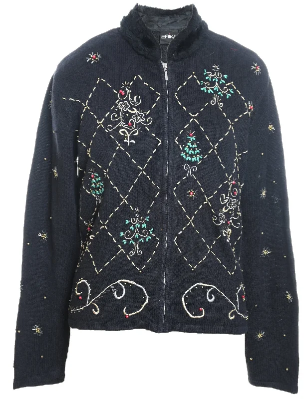 Black Zip-Front Embroidered Christmas Cardigan  - M Layered Multi-layer Single Layer
