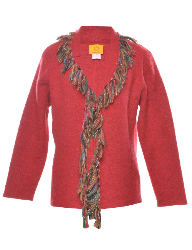 100% Wool Finged Cardigan - S Mesh Blend Leather Blend Suede Blend
