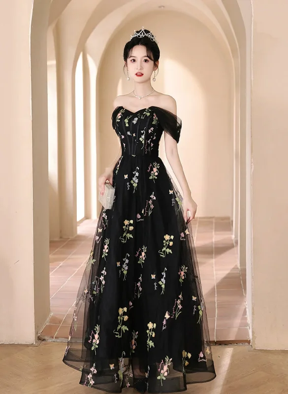 A-line Black Floral Tulle Floor Length Prom Dresses, Off the Shoulder Evening Party Dresses Tunics Bestseller popular