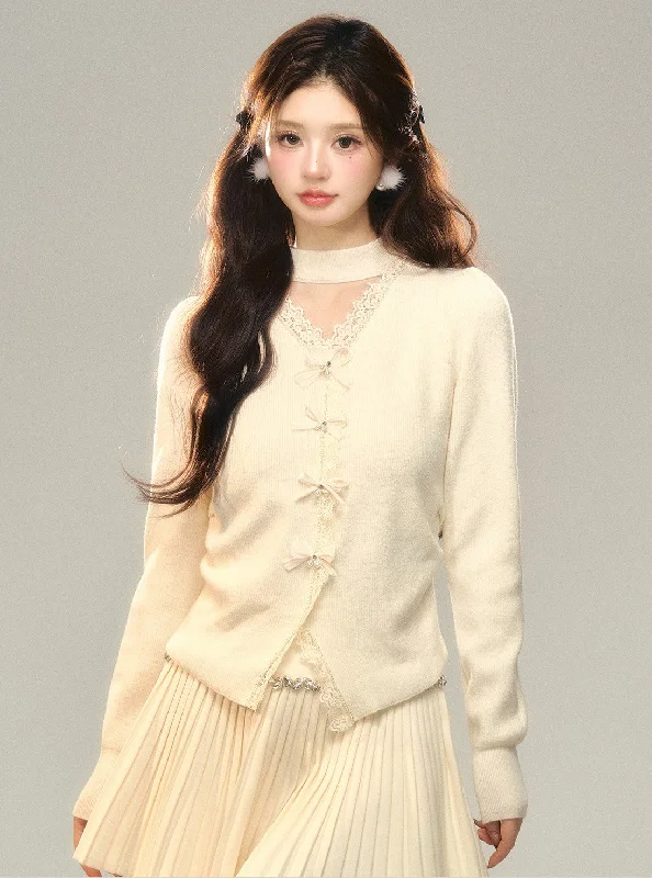 V-shaped Hollow Bow Knitted Cardigan BBB0136 Satin Fabric Silk Fabric Chiffon Fabric
