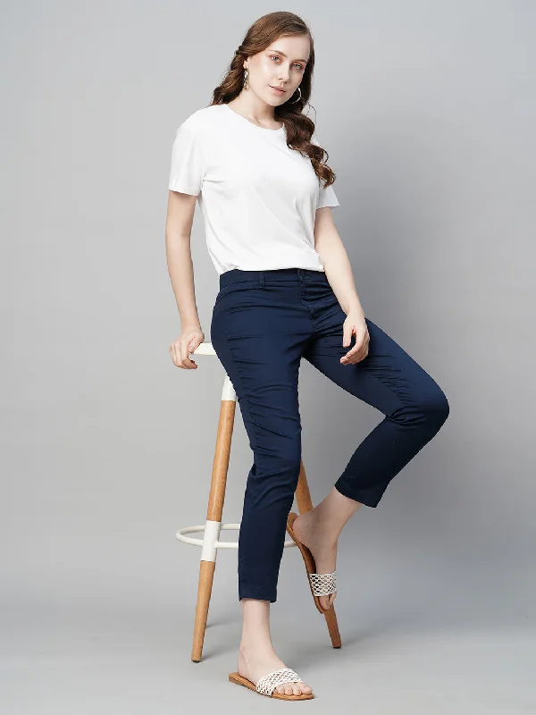 Women's Navy Cotton Elastane Regular Fit Pant Relaxed Lounge Trousers