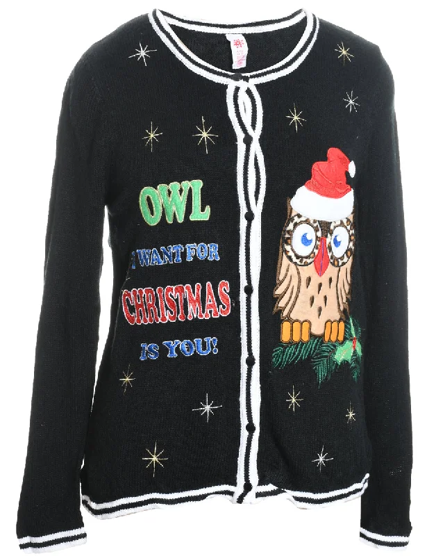 Black Knit Owl Design Christmas Cardigan - S Mesh Fabric Canvas Fabric Denim Fabric