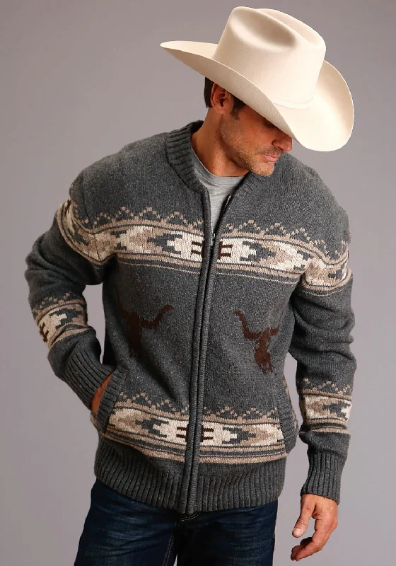 Stetson Mens Grey Cotton/Wool Longhorn Knit Cardigan Cashmere Blend Cotton Blend Poly Blend