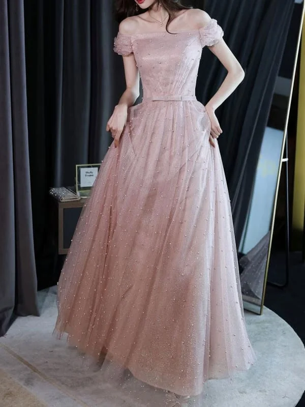 Pink Evening Dress A-Line Bateau Neck Sleeveless Lace-Up Bows Floor-Length Sequined Formal Party Dresses Tunics Brand named