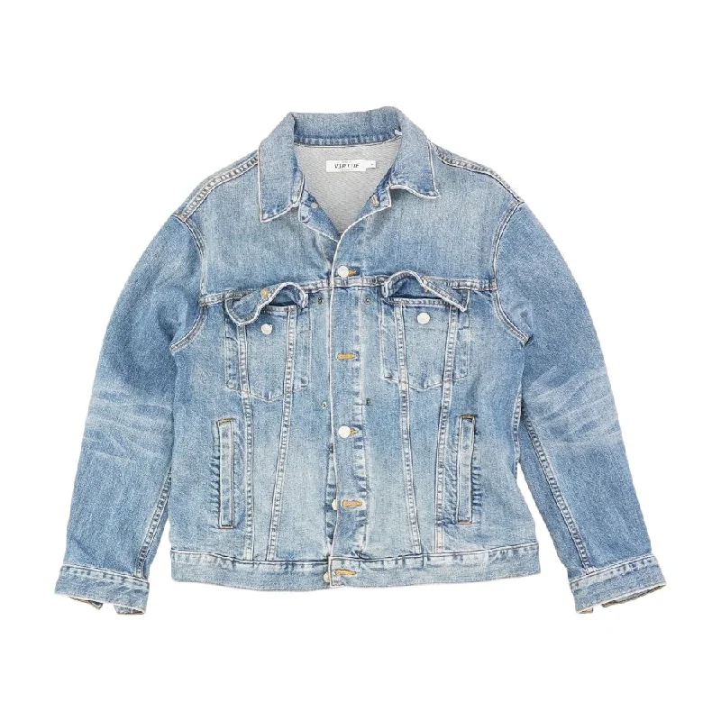Blue Solid Denim Jacket Nylon Jacket Polyester Jacket Spandex Jacket
