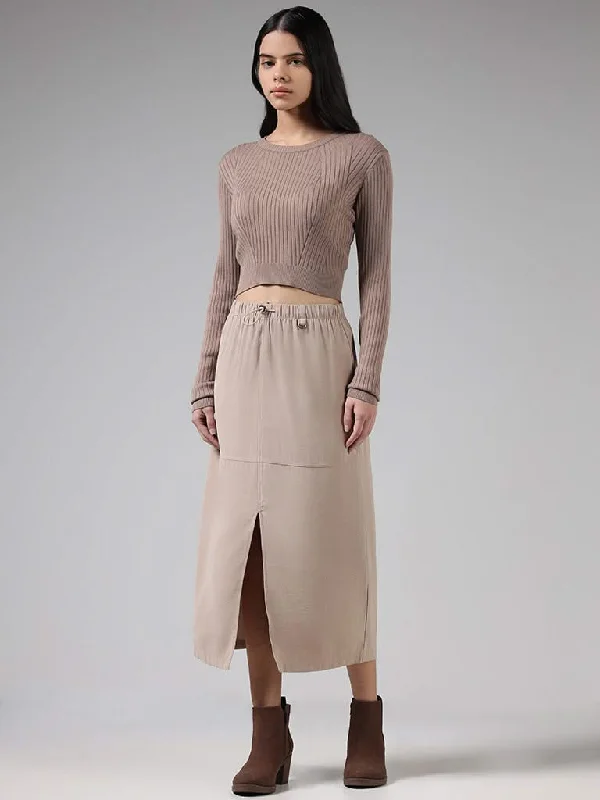 Nuon Solid Beige Front Slit Skirt linen skirt relaxed