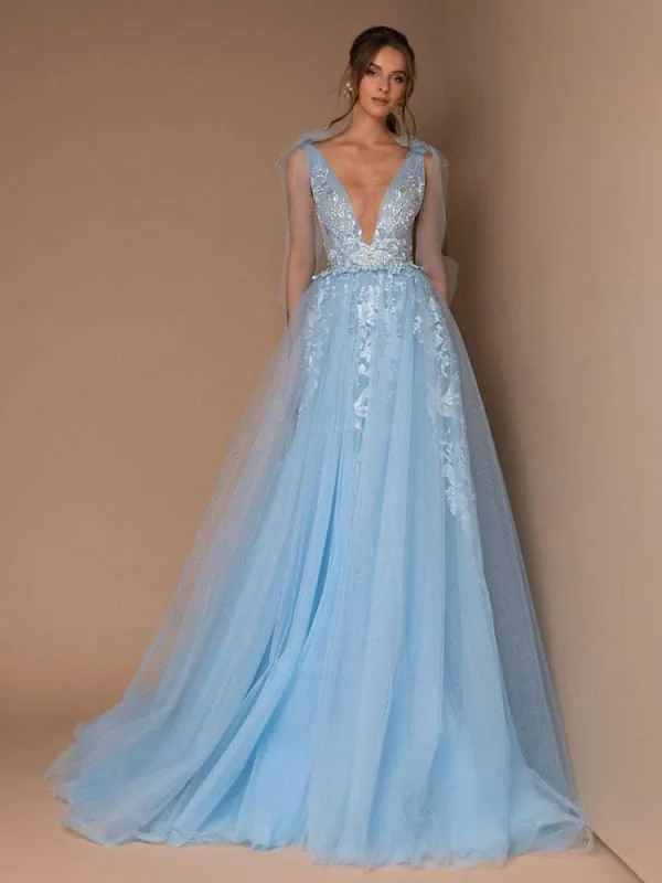 Evening Dress Blue A-Line V-Neck Sleeveless Lace Floor-Length Formal Party Dresses With Train Tunics Print Colorful
