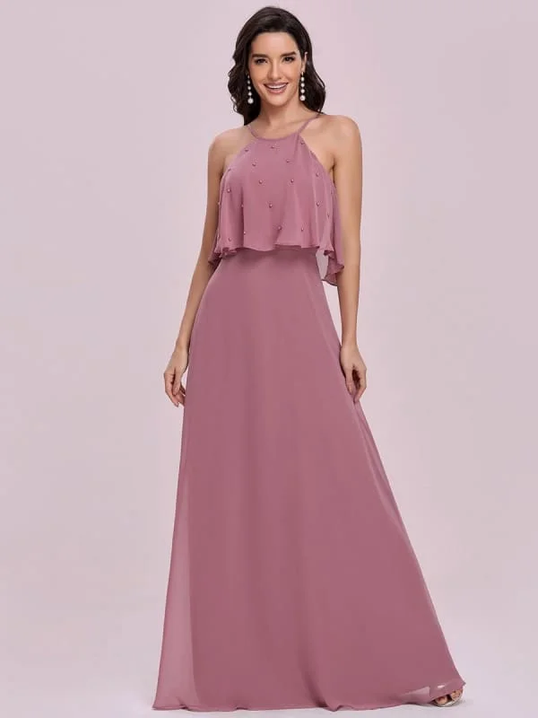 Pink Prom Dress A-Line Halter Sequined Sleeveless Sequined Floor-Length Party Dresses Tunics Floral girly