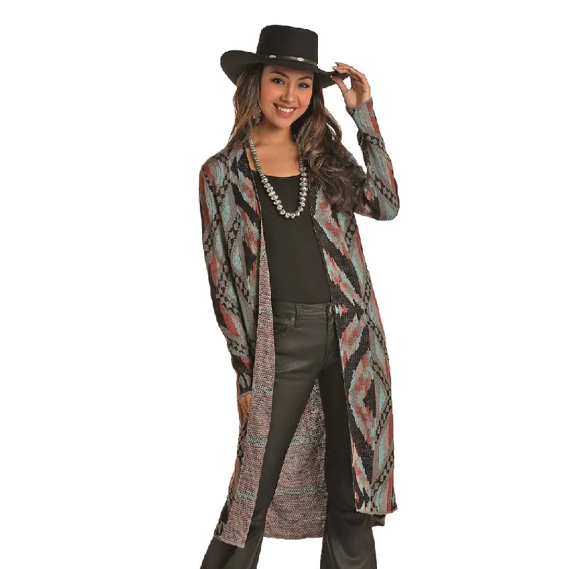 Rock & Roll Cowgirl Women's Aztec Print Cardigan Notch Collar Peter Pan Collar Cowl Neck