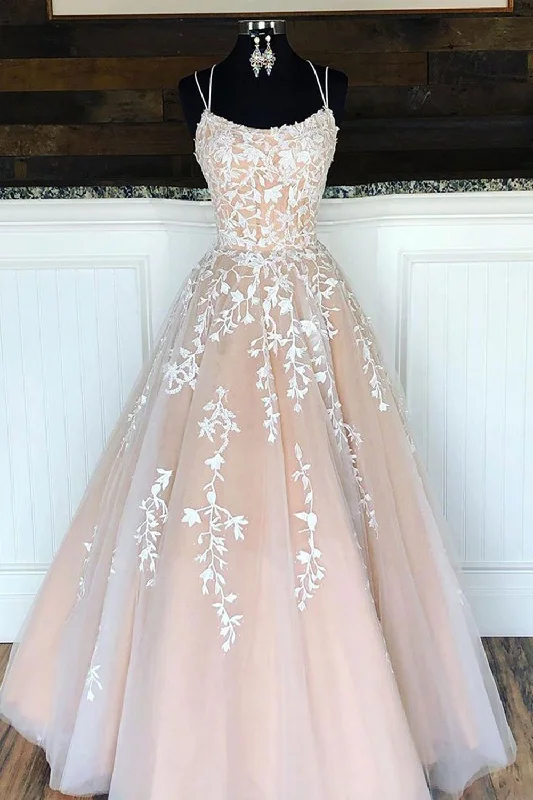 Open Back Champagne Lace Long Prom Dresses, Champagne Lace Formal Evening Dresses, Backless Champagne Party Dresses Tunics Spring floral