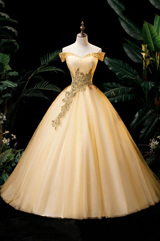Gold Floor Length Tulle Beading Formal Dress, Lovely Off the Shoulder Evening Party Dress Tunics Corduroy durable
