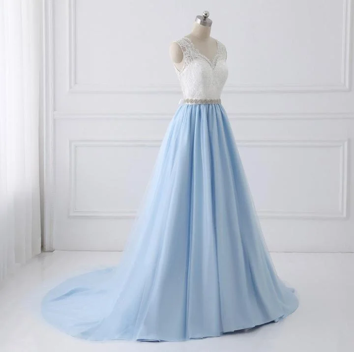 Light Blue Tulle V Back Long Party Dresses with Bow, Blue Evening Dresses Wedding Party Dresses Turtleneck Neckline Stylish