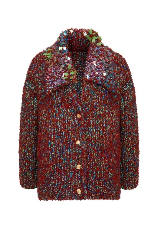 BROWN WOOL-BLEND CARDIGAN WITH COLLAR DETAILING Plaid Cardigan Polka Dot Checkered