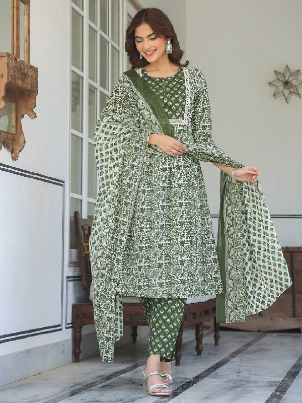 Olive Green Pure Cotton Floral Printed A-line Kurta with Pant & Dupatta Set Lightweight Linen Pants
