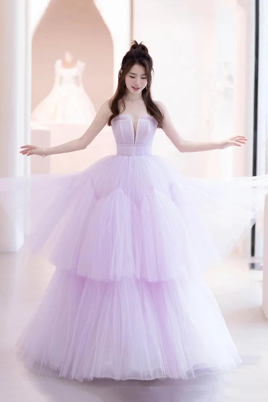 Purple Tulle Long A-Line Formal Dresses, A-Line Strapless Evening Party Dresses Tunics Cozy comfortable