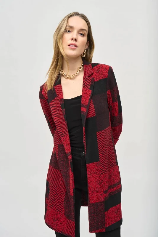 Joseph Ribkoff Black/Red Geometric Longline Blazer Jacket 243309 Herringbone Jacket Houndstooth Jacket Plaid Jacket