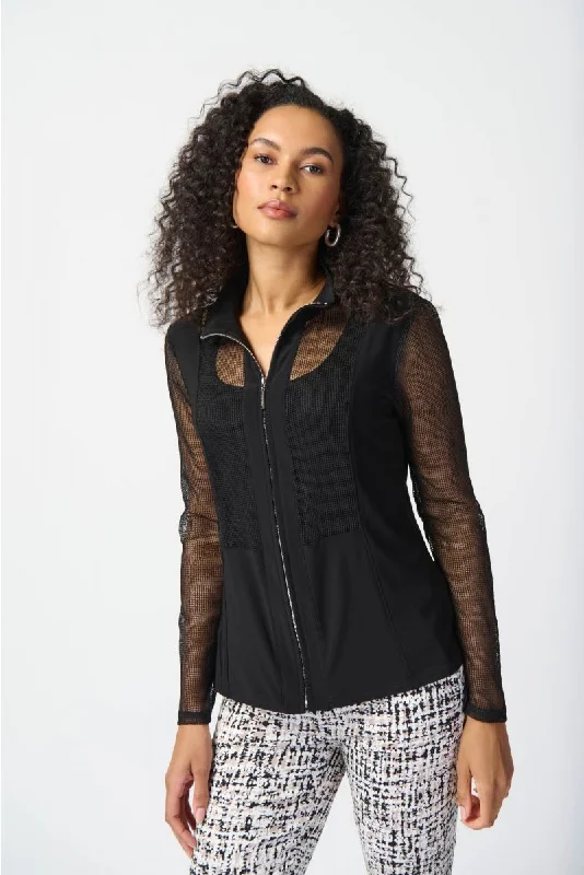 Joseph Ribkoff Black Long Sleeve Mesh Zip Front Twin Set Jacket 241113 Zippered Jacket Buttoned Jacket Snapped Jacket