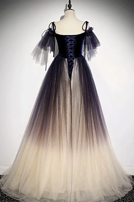 Velvet and Gradient Tulle Long Party Dress, Straps Long Evening Gown Tunics Exclusive limited