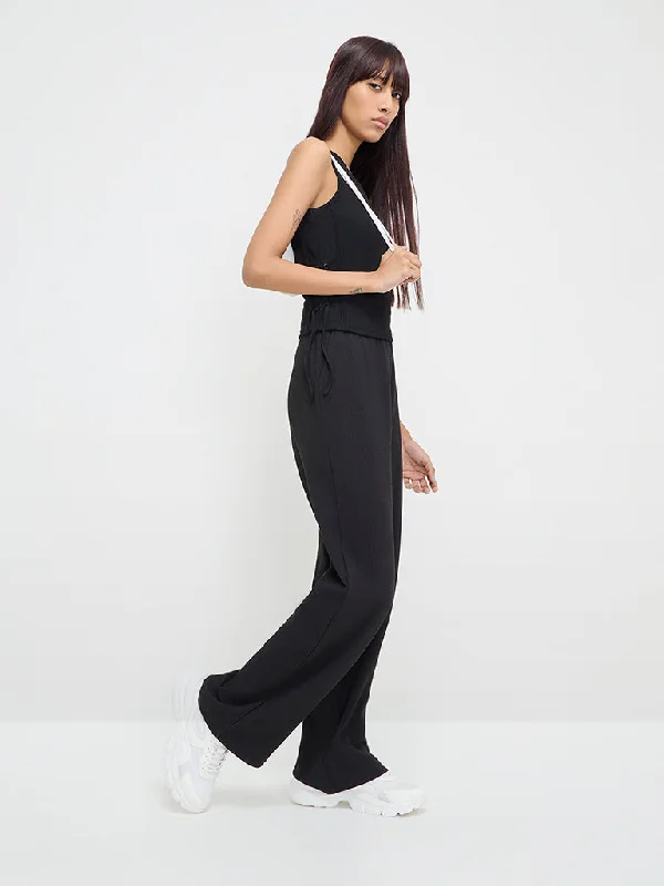 Studiofit Black Ribbed High-Rise Track Pants Classic Straight-Leg Pants