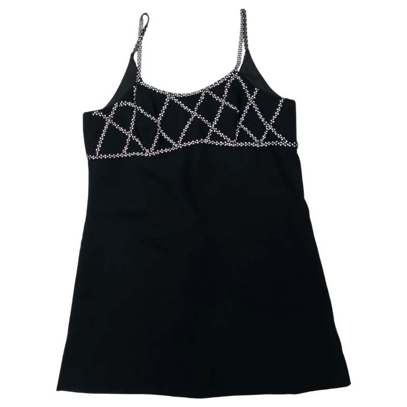 Vintage 90s Black Embellished Sparkly Micro Mini Party Dress 10 12 M Square Neckline Feminine