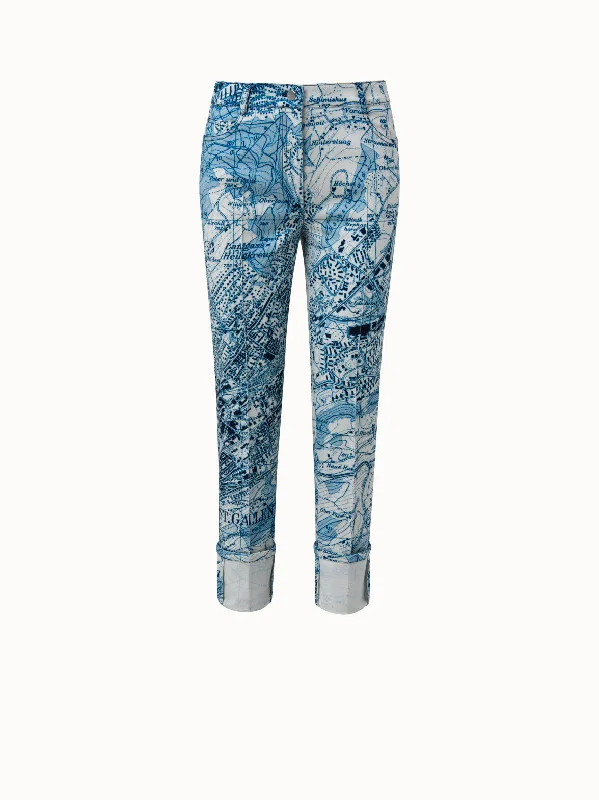 St. Gallen Map Print Cotton Denim Pant Classic Cropped Pants