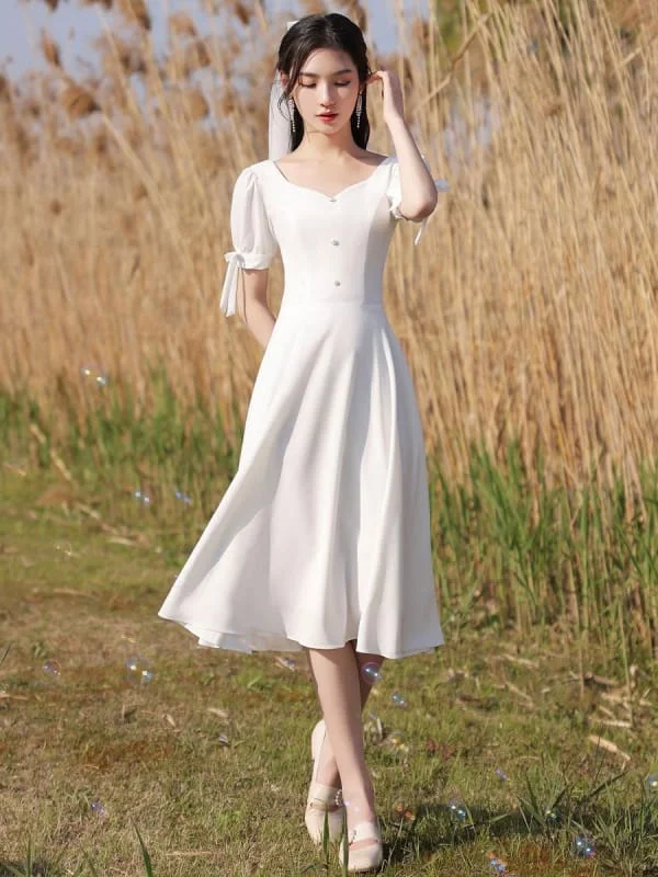 Eric White Evening Dress A-Line Square Neck Half Sleeves Zipper Stretch Crepe Tea-Length Social Party Dresses Tunics Evening elegant
