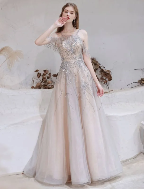 Evening Dress Nude Color A Line Bateau Neck With Train Sleeveless Zipper Formal Party Dresses Pageant Dress Tunics Stylish elegant