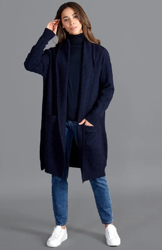 Womens Pure Lambswool Long Line Cardigan with Pockets Mesh Cardigan Canvas Denim