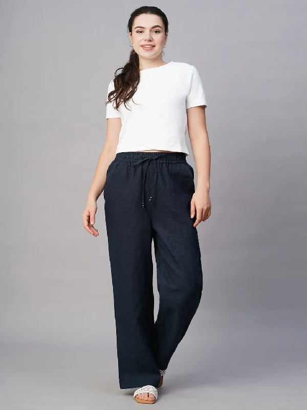 Women's Navy Linen Regular Fit Pant Elegant High-Waist Pants