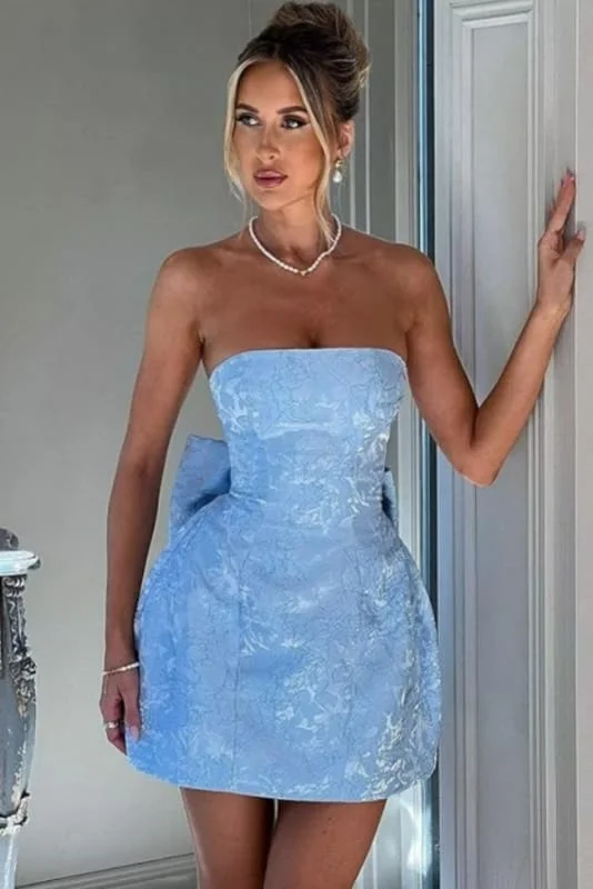 Strapless Ruched Satin SHort Party Dress Backless Jacquard Homecoming Dress with Bow Tunics Gym athletic