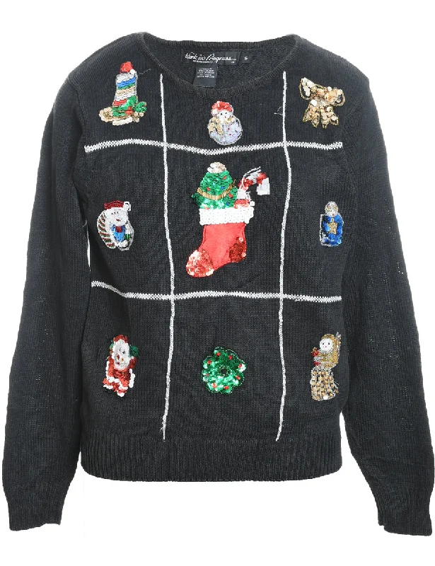 Black Knit Sequined Christmas Cardigan  - S Cardigan Knitwear Sweater