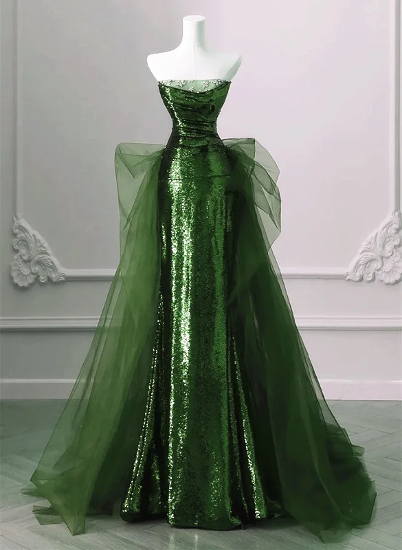 A-Line Green Sequins And Tulle Long Party Dress, Green Evening Dress Formal Dress empire Waist empire