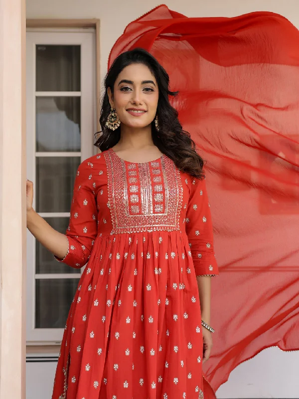 Red Pure Cotton Foil Printed Yoke Design A-line Kurta Pant With Dupatta Set Comfortable Denim Trousers
