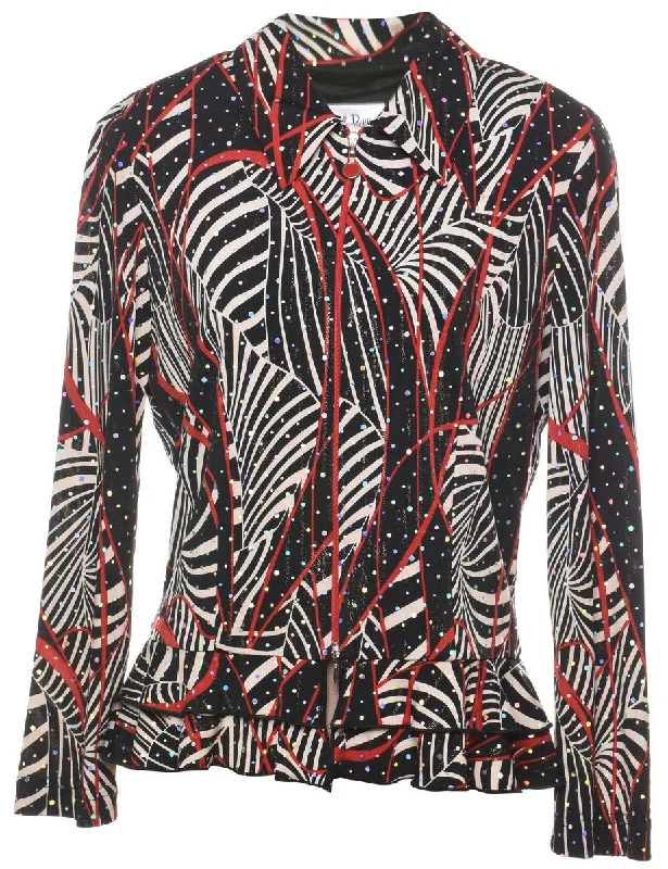 Black, Red & White Sparkly Patterned Jacket - L Zippered Front Buttoned Front Snap Front