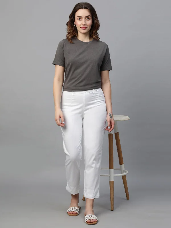 Women's White Cotton Elastane Regular Fit Pant Comfortable Jogging Pants