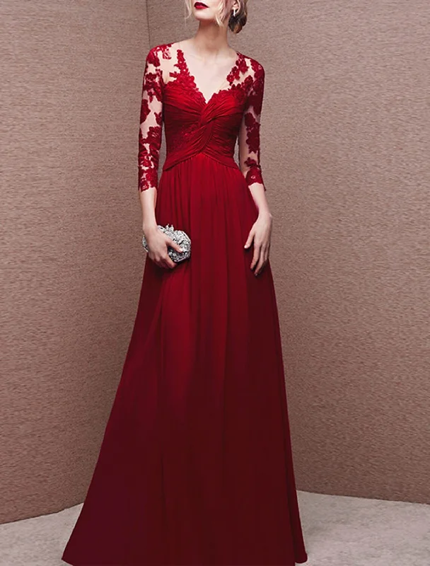 A-Line Evening Gown Party Dress Elegant Dress Formal Wedding Guest Floor Length 3/4 Length Sleeve V Neck Stretch Chiffon with Buttons Ruched Appliques Tunics Leisure comfortable