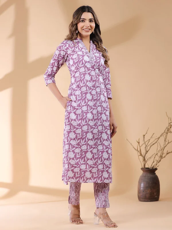 Purple Pure Cotton Floral Printed Straight Kurta Pant Set Elegant Palazzo Trousers
