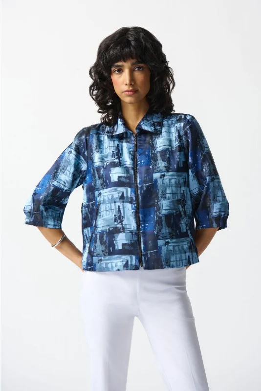 Joseph Ribkoff Blue/Multi Abstract Print Zip Front Puff Sleeve Boxy Jacket 242105 Denim Jacket Leather Jacket Suede Jacket