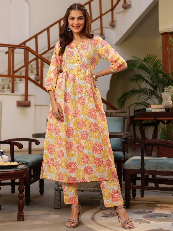 Off White Pure Cotton Floral Printed A-Line Kurta Pant Set Relaxed Casual Leggings