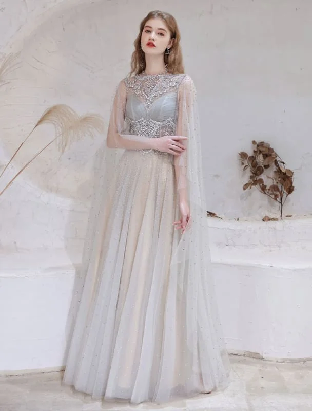 Evening Dress Light Grey A Line Jewel Neck Floor Length Sleeveless Zipper Social Party Dresses Pageant Dress Tunics Versatile functional